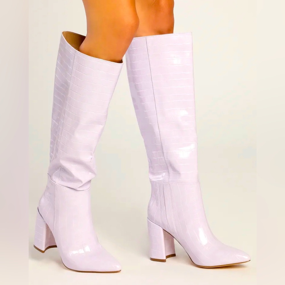 NWT LULUs Lavender Crocodile-Embossed Pointed-Toe Knee High Boots